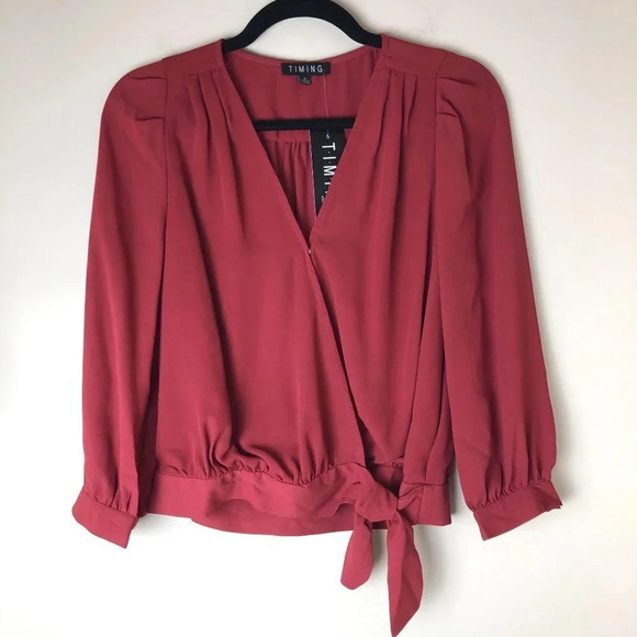 TIMING | Red Wrap V-neck Blouse - Picture 1 of 6